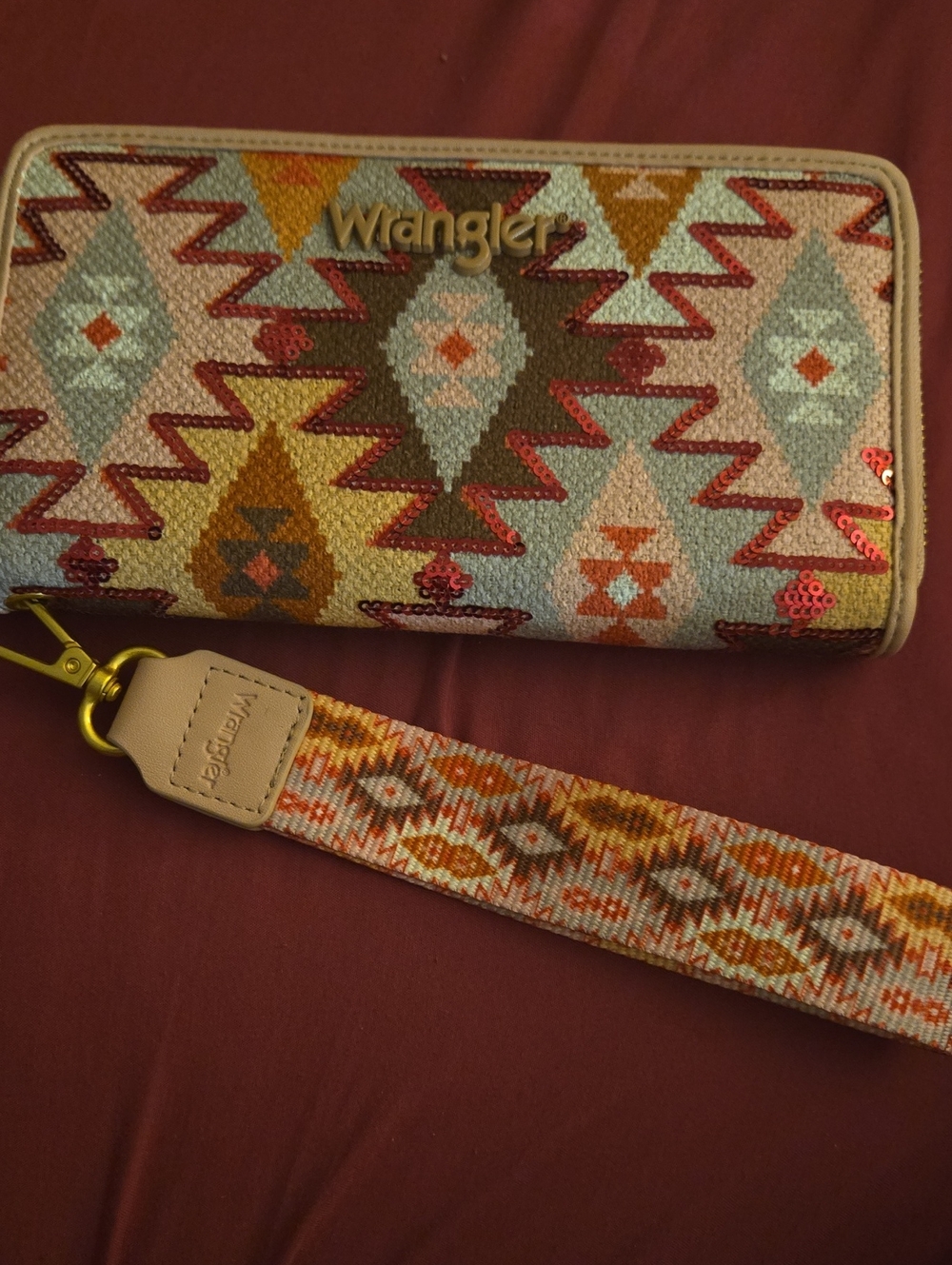 Wrangler Western Aztec Pattern Multicolor Pink BLING Wristlet/Wallet/CLutch
